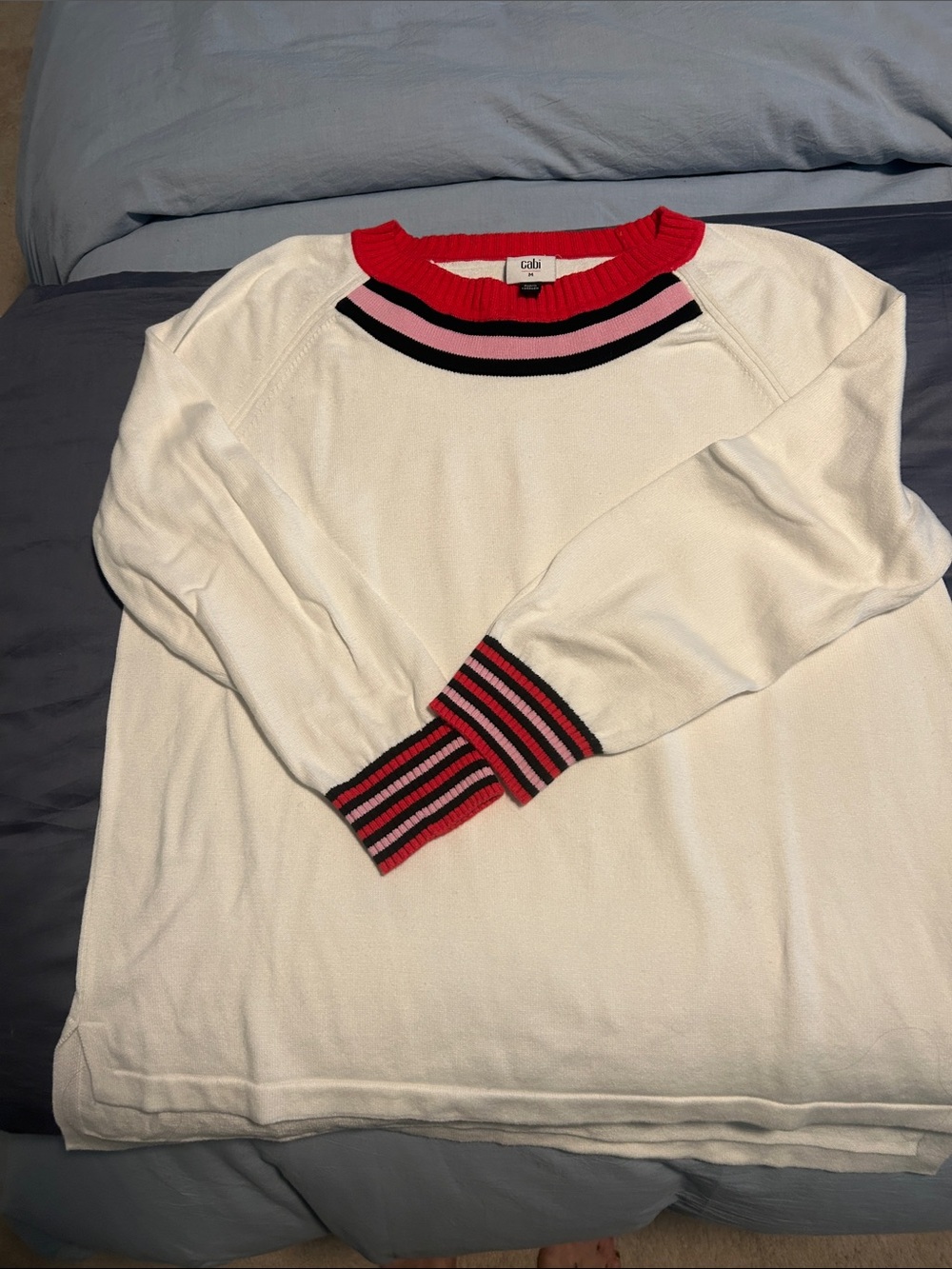 CAbi White Crewneck Sweater with Red, Pink & Black Stripe Trim